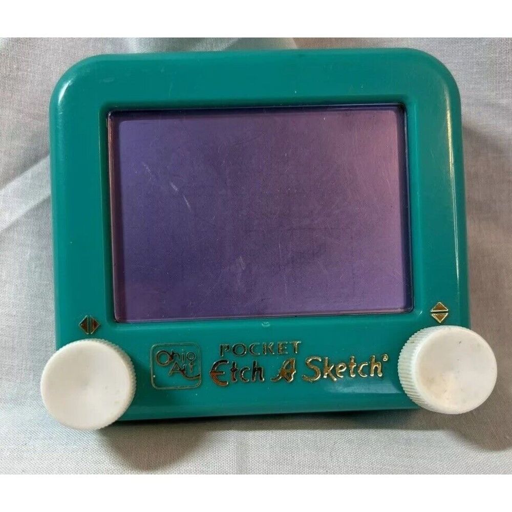 Ohio Art Pocket Etch A Sketch Teal Blue Case Purple Screen Vintage